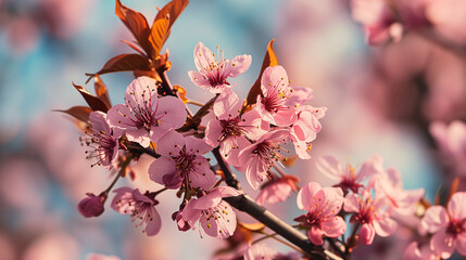 Springtime Bliss: Cherry Blossoms with Bright Blooms Under Light Blue Sky, Space for Text