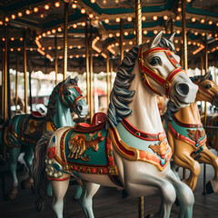 Fototapeta na wymiar Vintage carousel with colorful lights and horses.