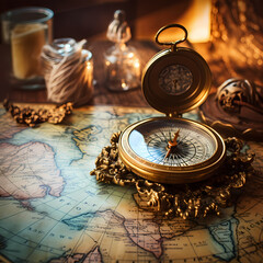 A vintage map with a compass on an antique table.