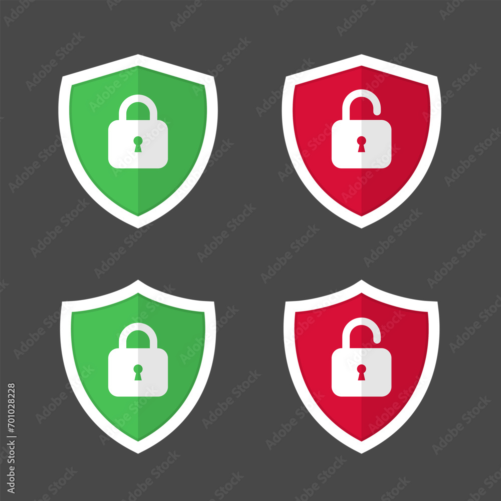 Poster shield with lock and unlock icon vector. red and green shields symbol