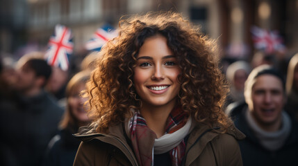 A united kingdom woman waving the UK national flag, Independence Day