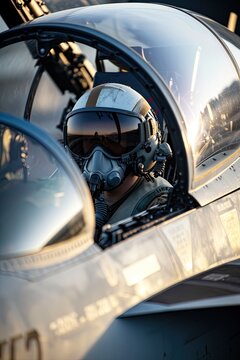 The pilot is sitting in the cockpit of a jet fighter on the deck of an aircraft carrier. Portrait. Close-up