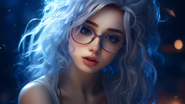 Portrait of a girl in glasses with blue hair. Neural network AI generated art