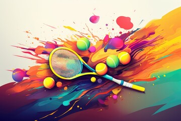 Tennis racket and balls on abstract colorful paint splashes background for Tennis Day  - obrazy, fototapety, plakaty