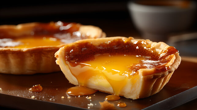 Pastel de nata - close up of freshly baked traditional portuguese dessert