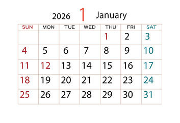 2026年カレンダー1月
