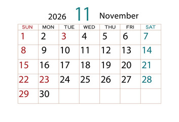 2026年カレンダー11月