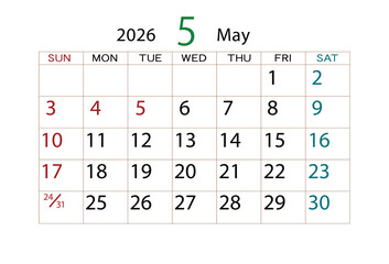 2026年カレンダー5月