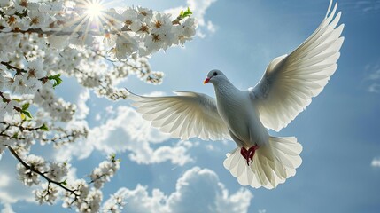 A flying white pigeon against a blue sky background. The sun shines through the branches of an apple tree in bloom. A symbol of peace. Copy space.