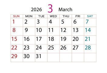 2026年カレンダー3月