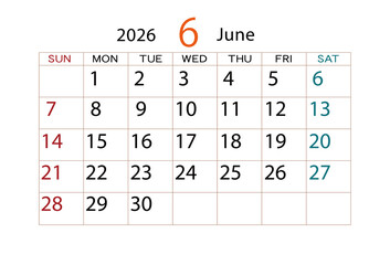 2026年カレンダー6月