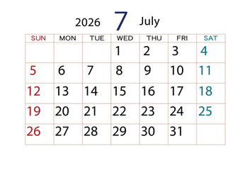 2026年カレンダー7月