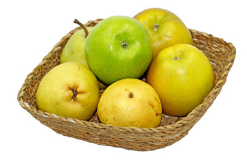 A fruits basket, full with some apples and pears