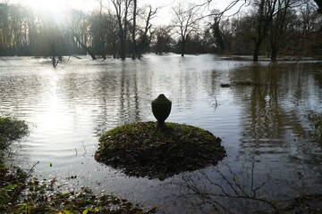 Flood of the Leine River in December 2023. Freshly sown fields and meadows as well as all paths and...