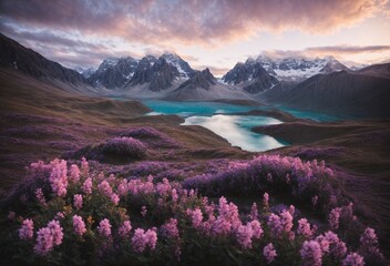 Majestic mountain lake with flowers blooming