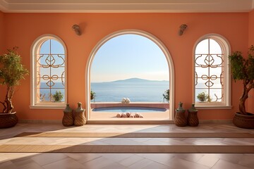 Obraz na płótnie Canvas Mediterranean-inspired spoty yoga room with terracotta tiles, wrought-iron accents, and a view of the sea