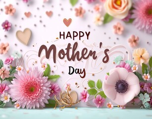 A floral poster for mother's day, flower design on pink and blue background with happy mother day typography text, congratulation mom template, generated by AI.