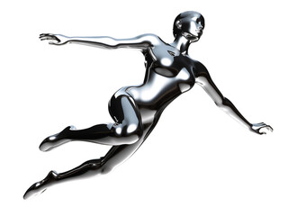 Y2K futuristic chrome woman flying isolated. Melty gloss silver metal mannequin