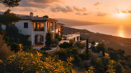 A luxurious villa in Cyprus, with the Mediterranean Sea as the background, during a golden sunset