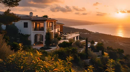 Selbstklebende Fototapeten A luxurious villa in Cyprus, with the Mediterranean Sea as the background, during a golden sunset © VirtualCreatures