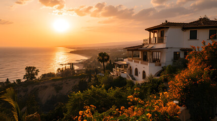 Fototapeta premium A luxurious villa in Cyprus, with the Mediterranean Sea as the background, during a golden sunset