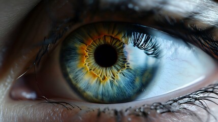 Close-up of a woman's blue eye with beautiful iris