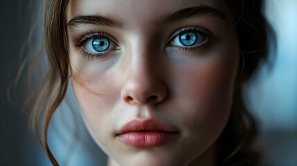 Fototapeta premium Close-up portrait of a beautiful young girl with blue eyes.