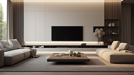 Italian Minimalist Living Room: Elegant Design with TV, Coffee Table, Sofa, Simple Lines, and Sheer Curtains