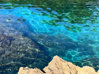 Turquoise blue sea water transparent surface.