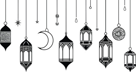 Ramadan Islamic background, line art illustration vector, Ramadan concept, lantern, moon, ornament, Islamic art, festival celebration, Muslim holiday, Islamic decoration, decorative elements
