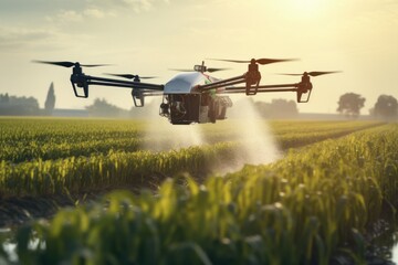 Farmer using drone to irrigate corn field from pests. Fusion of technology and traditional farming methods. - obrazy, fototapety, plakaty