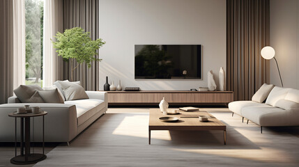 Fototapeta na wymiar Italian Minimalist Living Room: Elegant Design with TV, Coffee Table, Sofa, Simple Lines, and Sheer Curtains