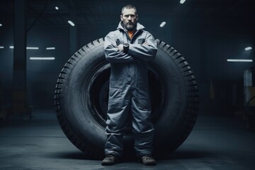 Fototapeta na wymiar Man standing near very big industrial wheel tyre