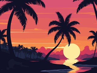 Tropical sunset with palm trees flat vector illustration. Generative AI