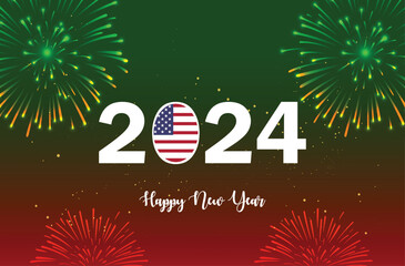 "Happy New Year 2024" Design Banner template, New Year calendar 2024 Logo with America  Flag on Red and Green Confetti, Grunge Background with Fireworks. Social Media 2024 design, Postcard, Greetings.