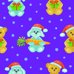 Blue rabbits and beige bears in a red cap holding a carrot and a gift on a purple background with snow. Seamless pattern. Gift packaging and label. New Year and Christmas. Vector illustration.