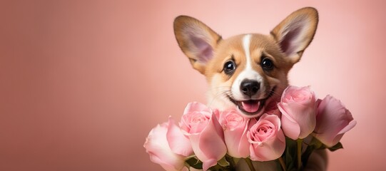 Cute dog with rose flower on valentines day on background