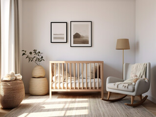Scandinavian-inspired nursery, muted neutral tones, minimalist design, cozy ambiance, streamlined furniture, serene childcare space.