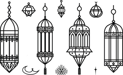 Islamic lantern vector set, Ramadan decoration, Eid al-Fitr lanterns, traditional Arabic lanterns, decorative Ramadan lights, Muslim festival lanterns, Middle Eastern lantern set illustration - obrazy, fototapety, plakaty