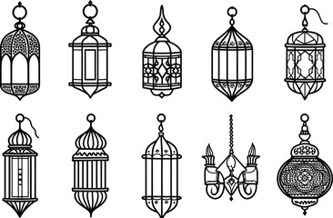 Islamic lantern vector set, Ramadan decoration, Eid al-Fitr lanterns, traditional Arabic lanterns, decorative Ramadan lights, Muslim festival lanterns, Middle Eastern lantern set illustration