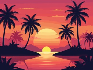 Tropical sunset with palm trees flat vector illustration. Generative AI