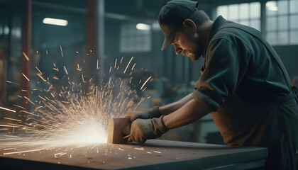 Worker grinding in a workshop. Heavy industry factory - obrazy, fototapety, plakaty