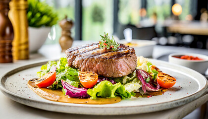 Steak mit Salat im Vordergrund im Hintergrund ein Restaurant 