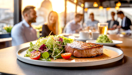 Abendliche Atmosphäre im Restaurant mit einem Steak auf Salat im Vordergrund 