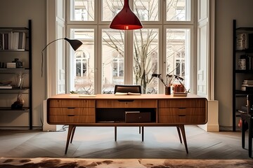 Mid-century-inspired Copenhagen home office with a vintage desk, statement lighting, and a sophisticated atmosphere