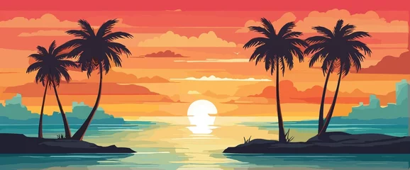 Fototapeten Tropical sunset with palm trees flat vector illustration. Generative AI © Carlos