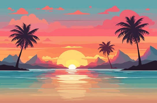 Tropical sunset with palm trees flat vector illustration. Generative AI