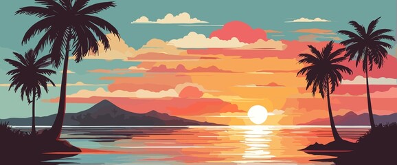 Tropical sunset with palm trees flat vector illustration. Generative AI - obrazy, fototapety, plakaty