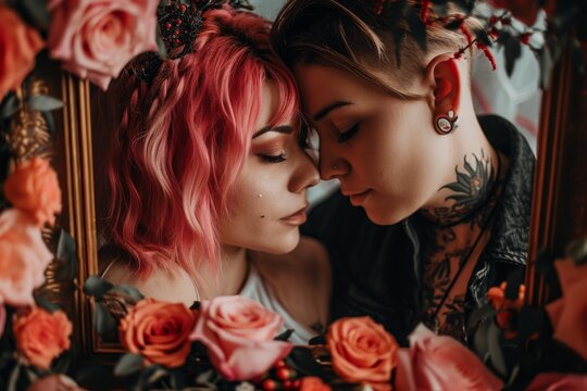 Two female couple lgbt girls portrait with closed eyes, very romantic in valentine day, flowers in foreground in cozy house with warm sunlight, red hair and tattooed, ai generated.