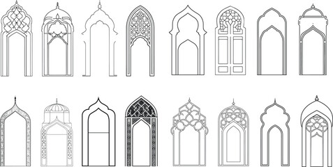 Fototapeta na wymiar Islamic door & window vector set illustration, Islamic architecture, ornate door design, Islamic art, decorative door and window, Arabic door and window, Islamic interior design